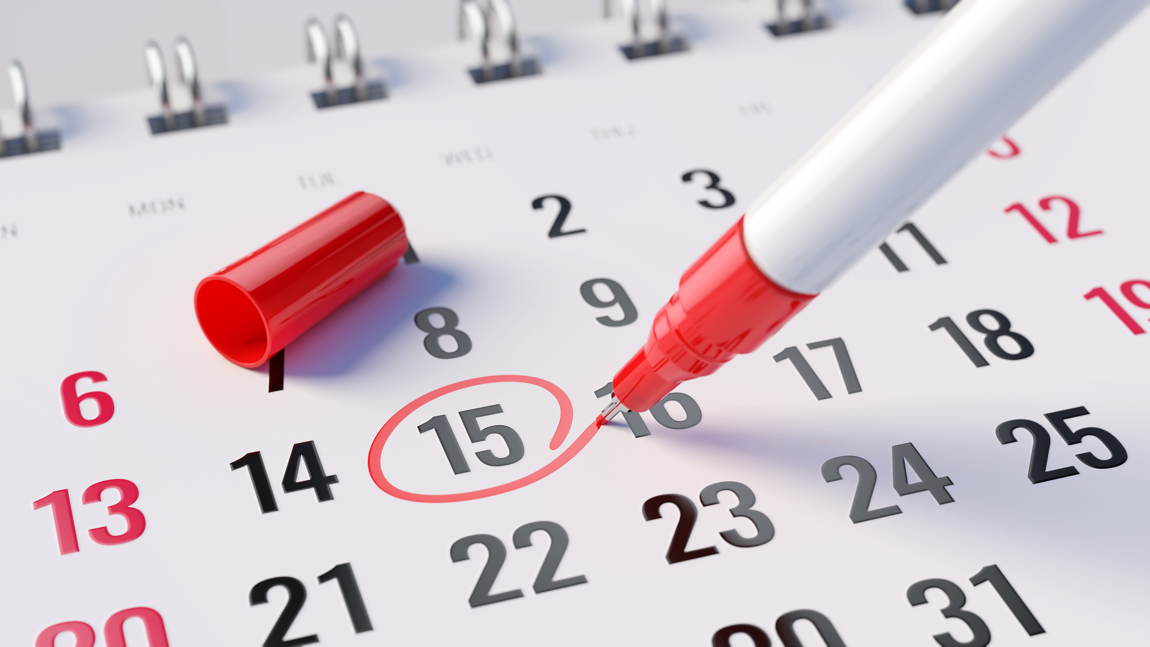 A close-up of a red pen circling a date on a calendar